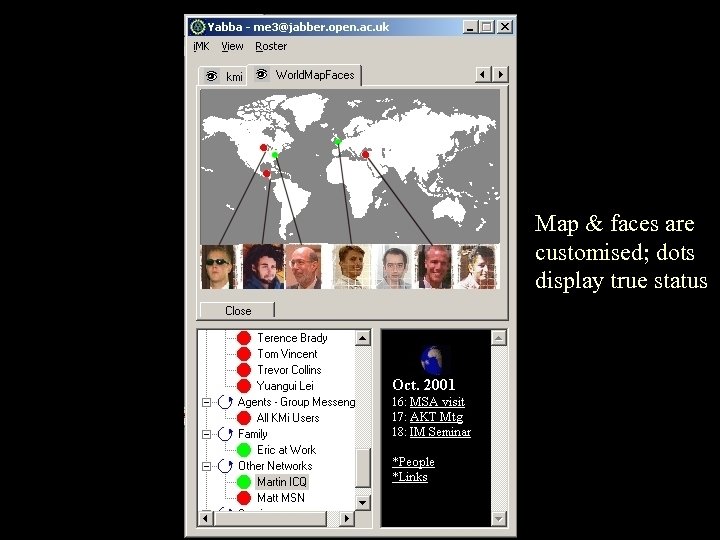 Map & faces are customised; dots display true status 