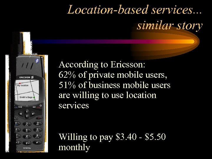 Location-based services. . . similar story According to Ericsson: 62% of private mobile users,