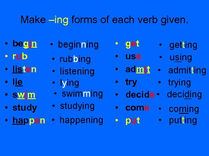 Each verb. Make ing окончание. Глаголы с окончанием ing. Present Continuous удвоение согласных. Present Continuous окончания глаголов.