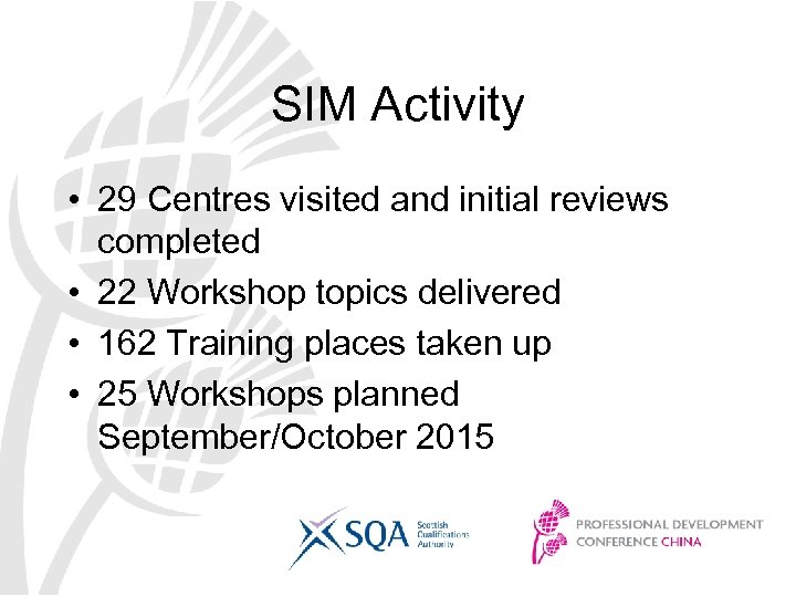 SIM Activity • 29 Centres visited and initial reviews completed • 22 Workshop topics