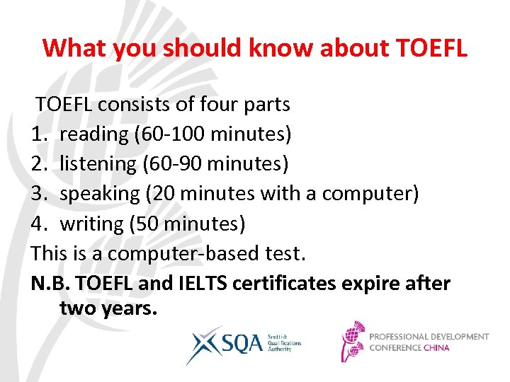 What you should know about TOEFL consists of four parts 1. reading (60 -100