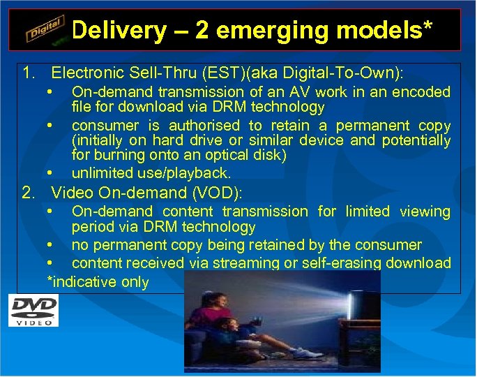 Delivery – 2 emerging models* 1. Electronic Sell-Thru (EST)(aka Digital-To-Own): • • • On-demand