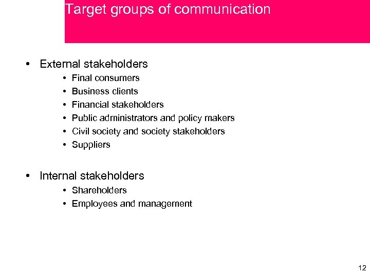 Target groups of communication • External stakeholders • • • Final consumers Business clients