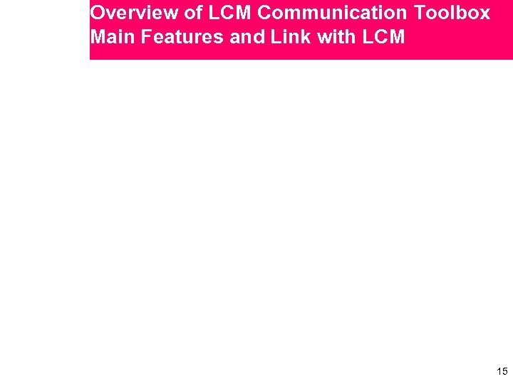 Overview of LCM Communication Toolbox Main Features and Link with LCM 15 15 