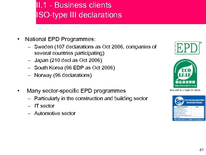 II. 1 - Business clients ISO-type III declarations • National EPD Programmes: – Sweden