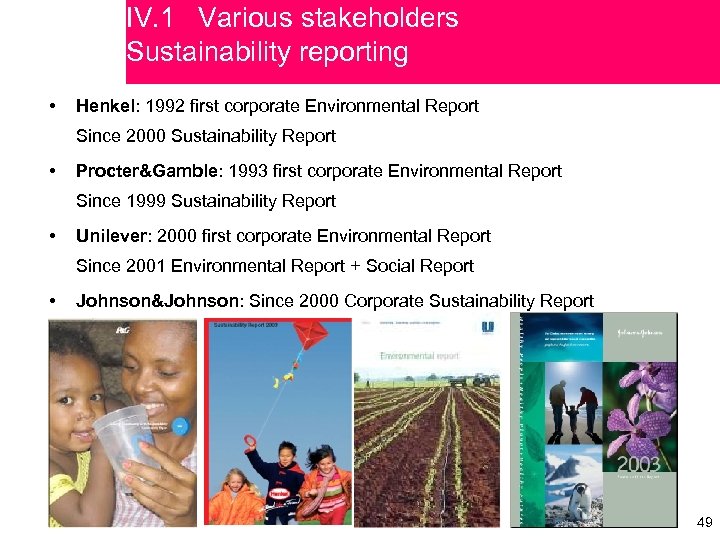 IV. 1 Various stakeholders Sustainability reporting • Henkel: 1992 first corporate Environmental Report Since