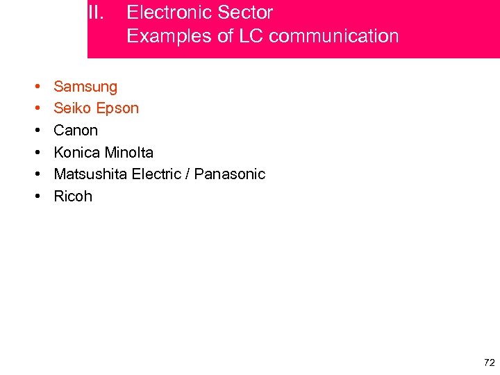 II. • • • Electronic Sector Examples of LC communication Samsung Seiko Epson Canon