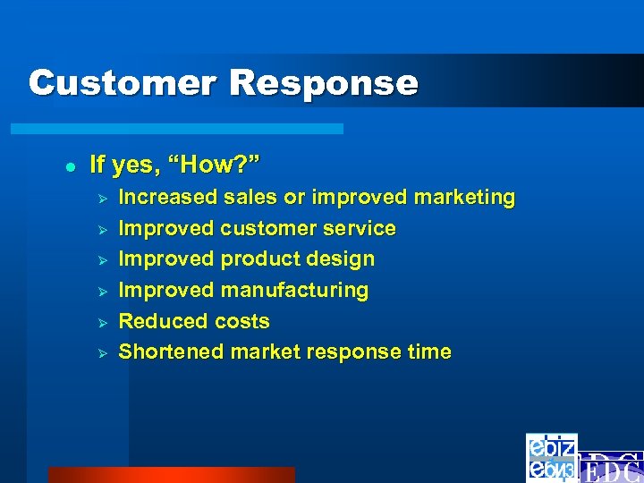 Customer Response l If yes, “How? ” Ø Ø Ø Increased sales or improved