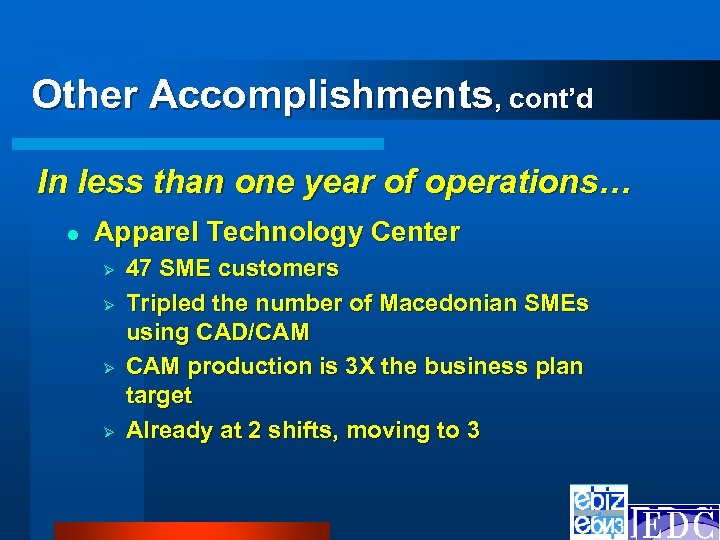 Other Accomplishments, cont’d In less than one year of operations… l Apparel Technology Center