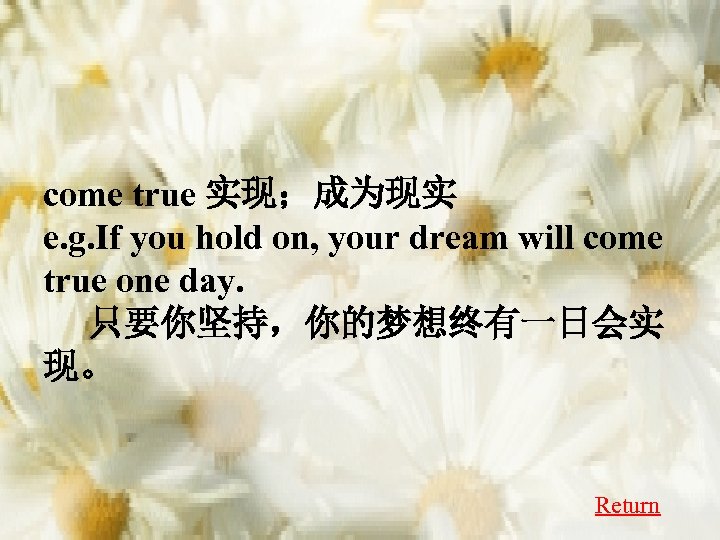 come true 实现；成为现实 e. g. If you hold on, your dream will come true