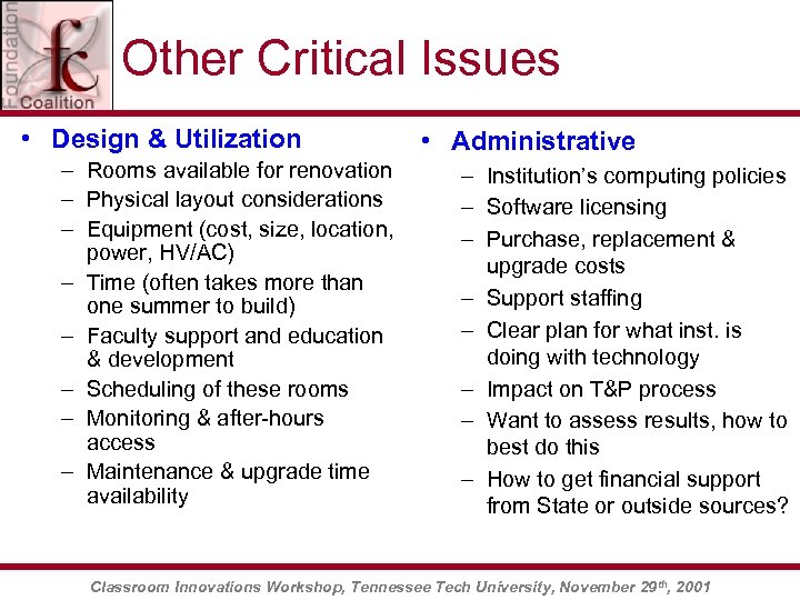 Other Critical Issues • Design & Utilization – Rooms available for renovation – Physical