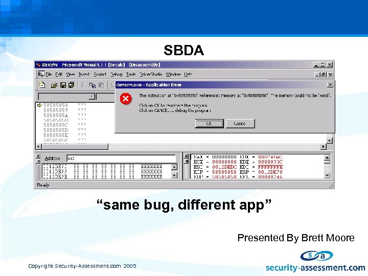SBDA “same bug, different app” Presented By Brett Moore Copyright Security-Assessment. com 2005 
