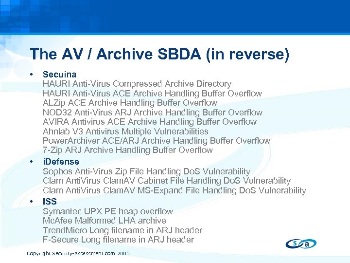The AV / Archive SBDA (in reverse) • • • Secuina HAURI Anti-Virus Compressed