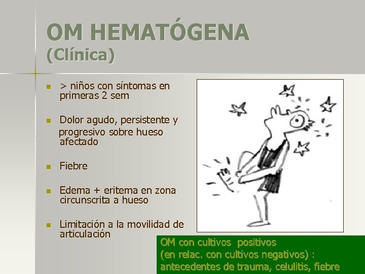 OM HEMATÓGENA (Clínica) n > niños con síntomas en primeras 2 sem n Dolor