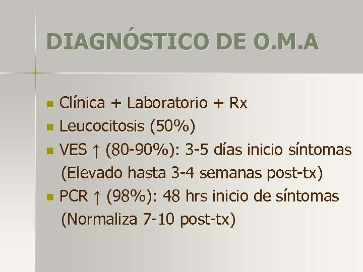 DIAGNÓSTICO DE O. M. A Clínica + Laboratorio + Rx n Leucocitosis (50%) n
