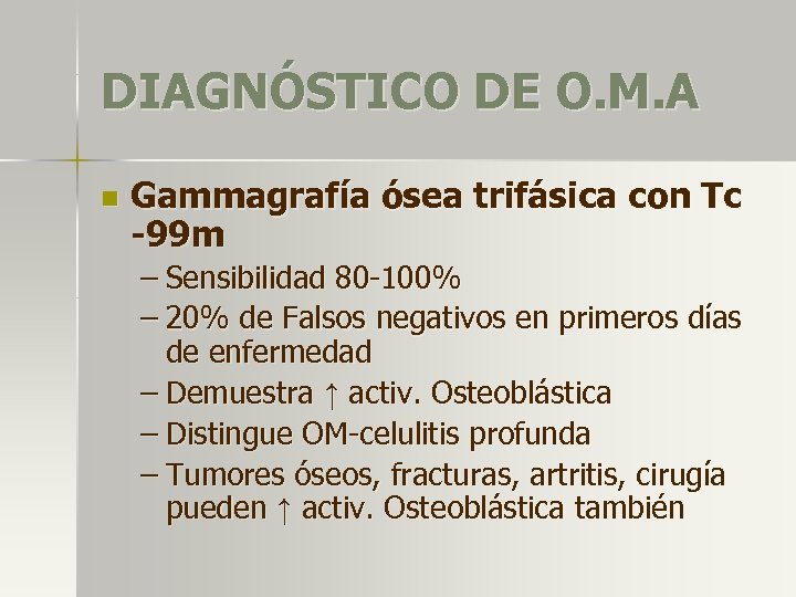 DIAGNÓSTICO DE O. M. A n Gammagrafía ósea trifásica con Tc -99 m –
