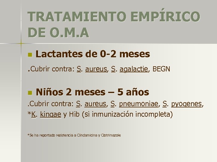 TRATAMIENTO EMPÍRICO DE O. M. A n Lactantes de 0 -2 meses . Cubrir