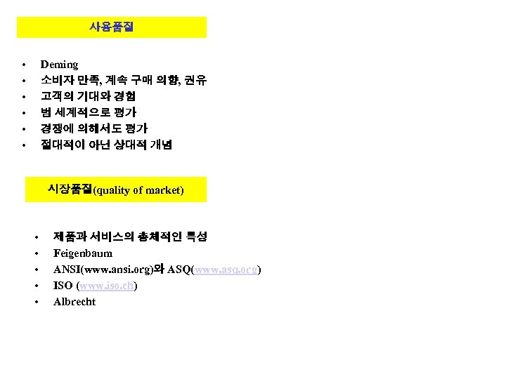 사용품질 • • • Deming 소비자 만족, 계속 구매 의향, 권유 고객의 기대와 경험