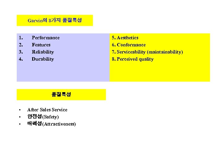 Garvin의 8가지 품질특성 1. 2. 3. 4. Performance Features Reliability Durability 품질특성 • •
