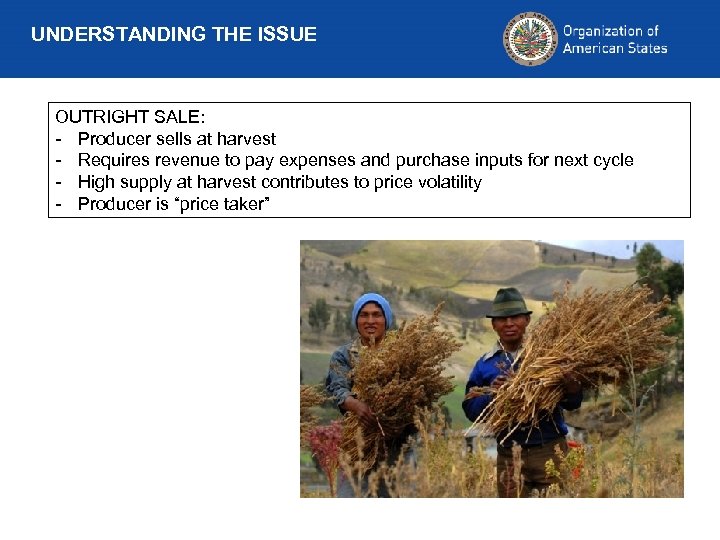 UNDERSTANDING THE ISSUE OUTRIGHT SALE: - Producer sells at harvest - Requires revenue to