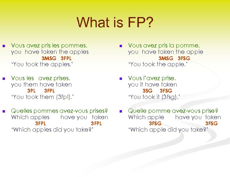 What is FP? n Vous avez pris les pommes. you have taken the apples