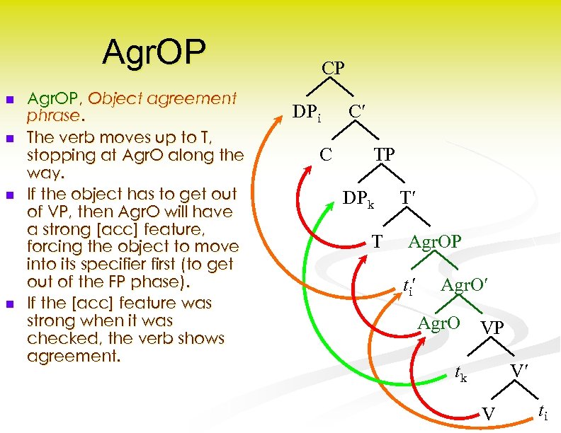 Agr. OP n n Agr. OP, Object agreement phrase. The verb moves up to