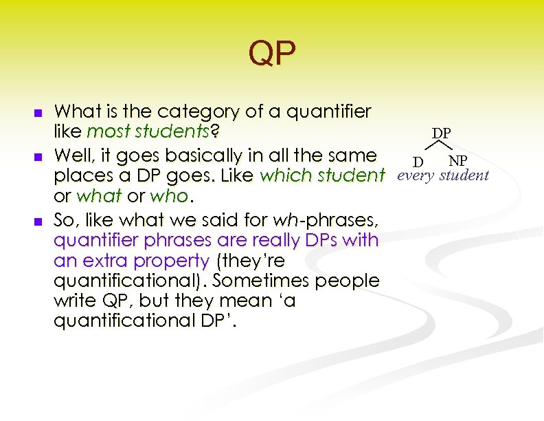 QP n n n What is the category of a quantifier like most students?