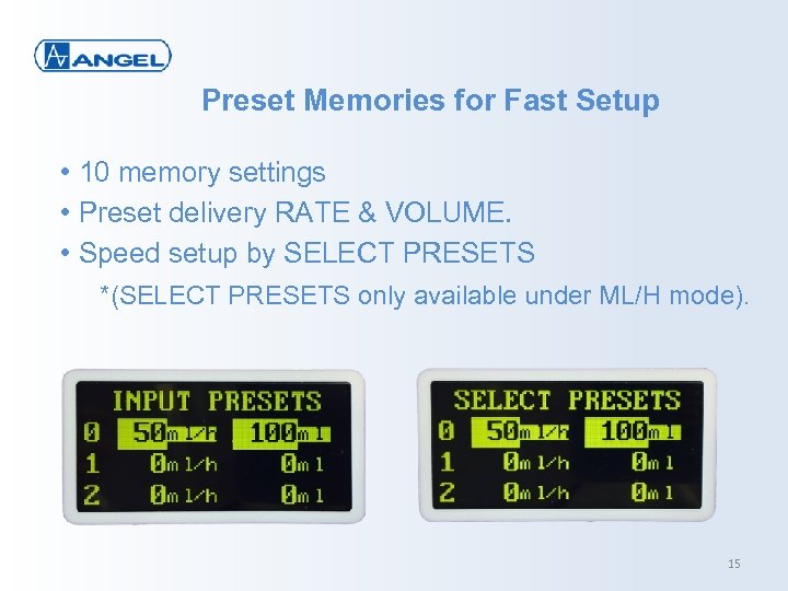 Preset Memories for Fast Setup • 10 memory settings • Preset delivery RATE &