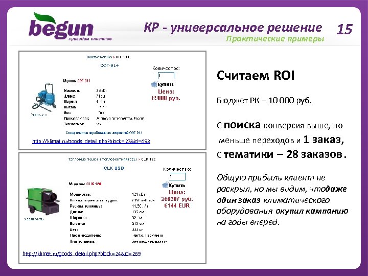 КР - универсальное решение 15 Практические примеры Считаем ROI Бюджет РК – 10 000