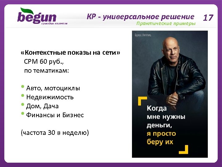 КР - универсальное решение 17 Практические примеры «Контекстные показы на сети» CPM 60 руб.