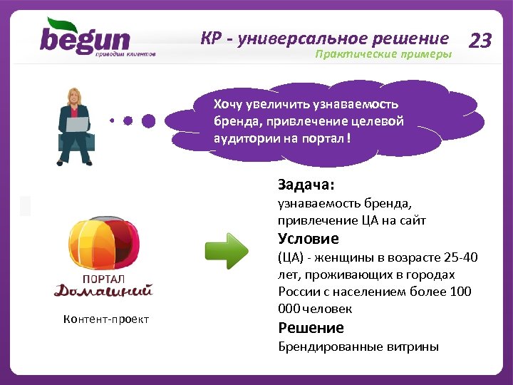 КР - универсальное решение 23 Практические примеры Хочу увеличить узнаваемость бренда, привлечение целевой аудитории