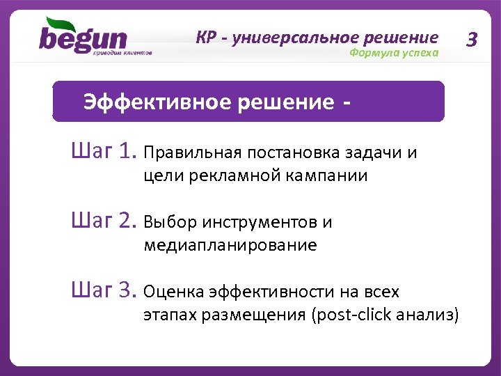 КР - универсальное решение Формула успеха Эффективное решение Шаг 1. Правильная постановка задачи и