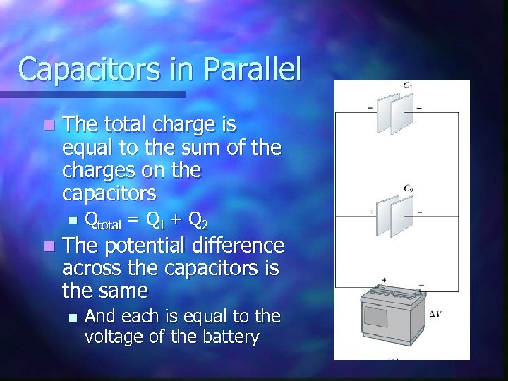 Capacitors in Parallel n The total charge is equal to the sum of the