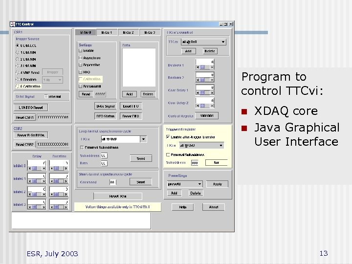 Program to control TTCvi: n n ESR, July 2003 XDAQ core Java Graphical User