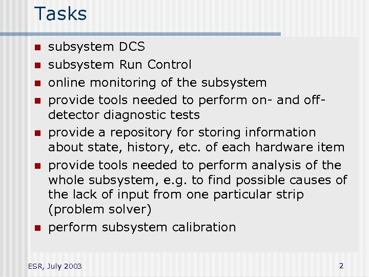 Tasks n n n n subsystem DCS subsystem Run Control online monitoring of the