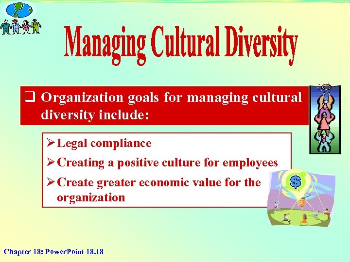 q Organization goals for managing cultural diversity include: Ø Legal compliance Ø Creating a