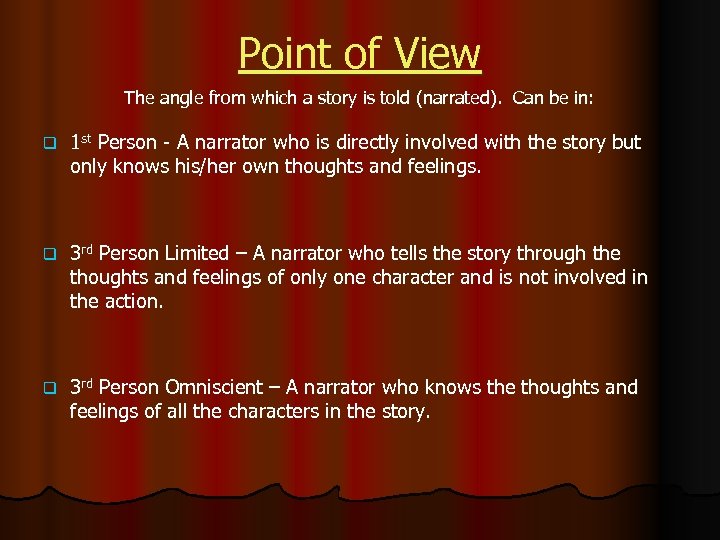 Point of View The angle from which a story is told (narrated). Can be