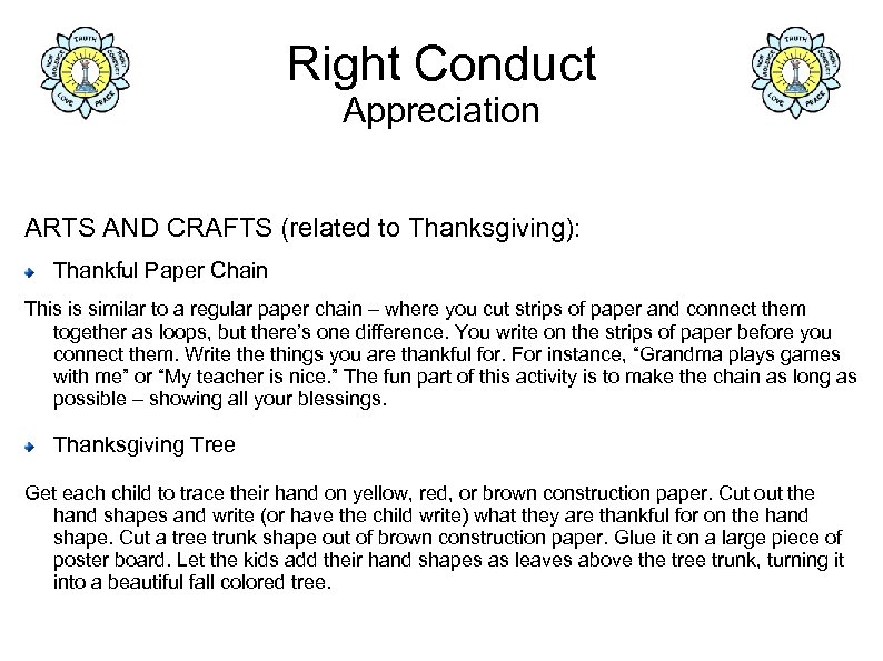 Right Conduct Appreciation ARTS AND CRAFTS (related to Thanksgiving): Thankful Paper Chain This is