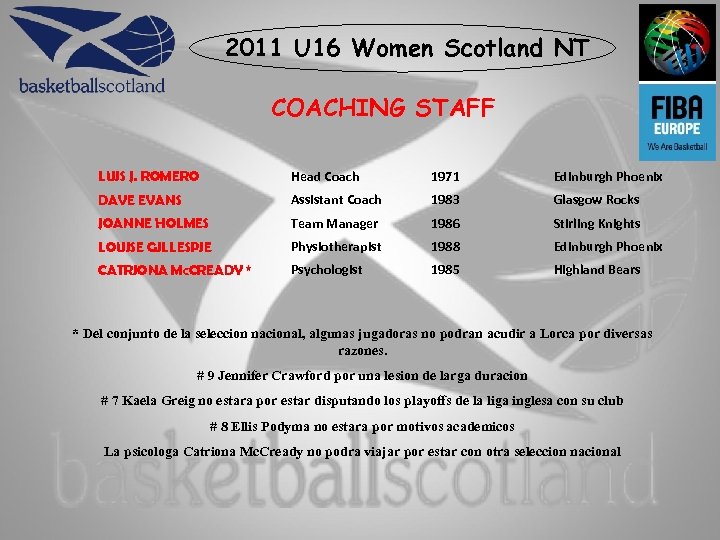 2011 U 16 Women Scotland NT COACHING STAFF LUIS J. ROMERO Head Coach 1971