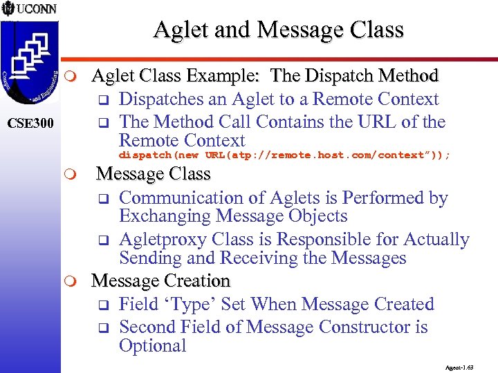 Aglet and Message Class m CSE 300 Aglet Class Example: The Dispatch Method q
