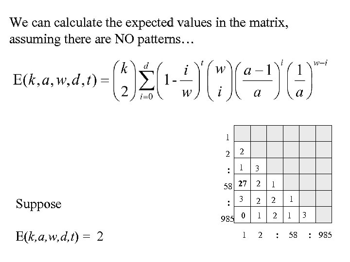 We can calculate the expected values in the matrix, assuming there are NO patterns…