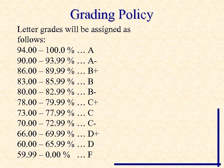 Grading Policy Letter grades will be assigned as follows: 94. 00 – 100. 0