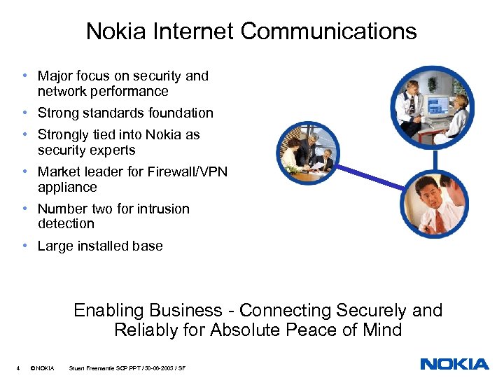 Nokia Internet Communications • Major focus on security and network performance • Strong standards