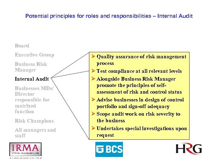 Potential principles for roles and responsibilities – Internal Audit Board Executive Group Business Risk