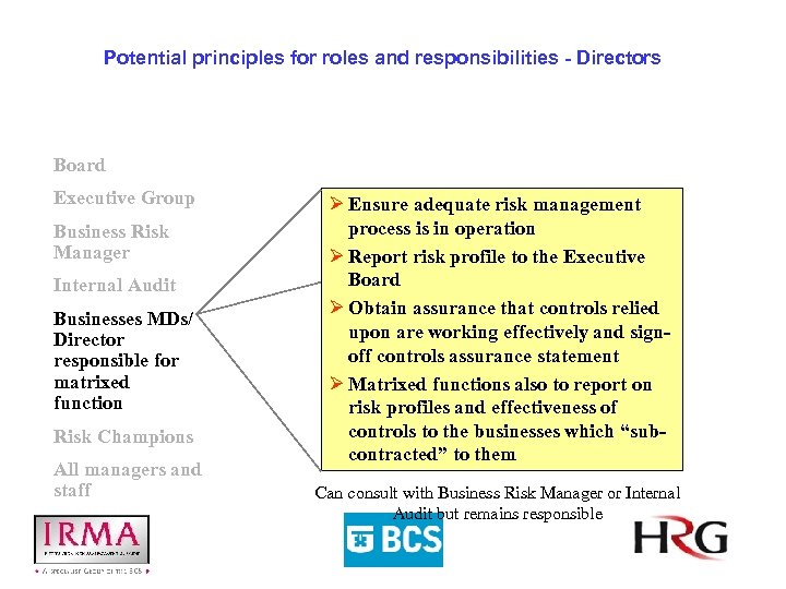 Potential principles for roles and responsibilities - Directors Board Executive Group Business Risk Manager