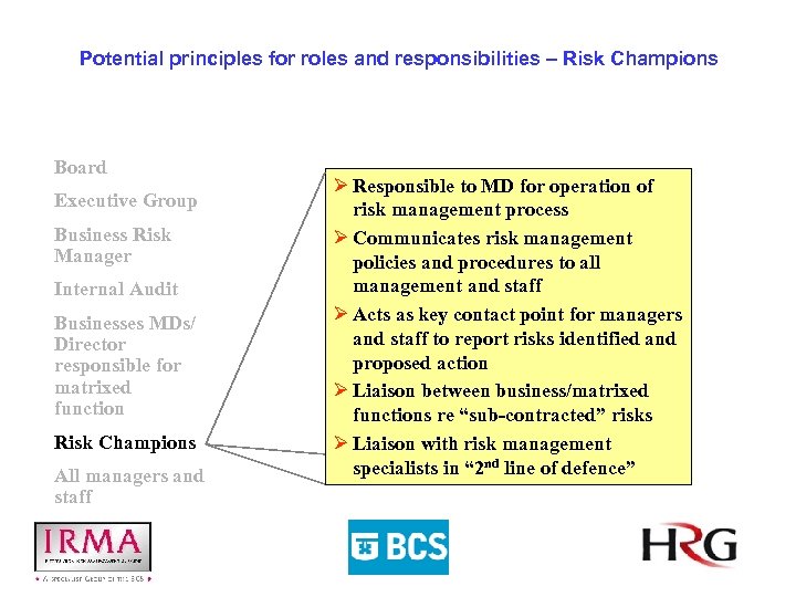 Potential principles for roles and responsibilities – Risk Champions Board Executive Group Business Risk
