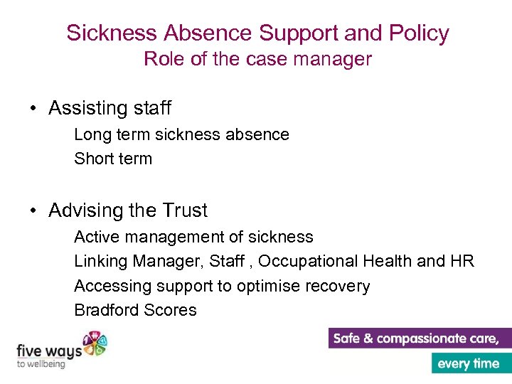 Sickness Absence Support and Policy Role of the case manager • Assisting staff Long