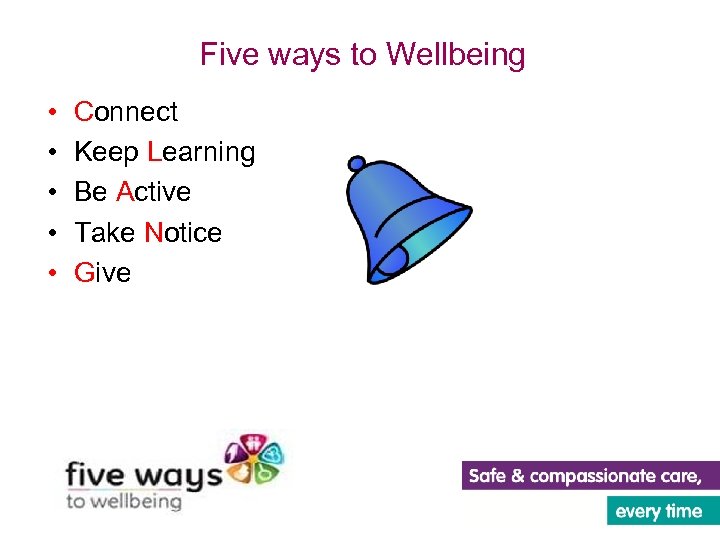 Five ways to Wellbeing • • • Connect Keep Learning Be Active Take Notice