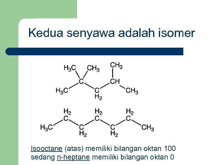 Kedua senyawa adalah isomer Isooctane (atas) memiliki bilangan oktan 100 sedang n-heptane memiliki bilangan