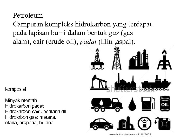 Petroleum Campuran kompleks hidrokarbon yang terdapat pada lapisan bumi dalam bentuk gas (gas alam),